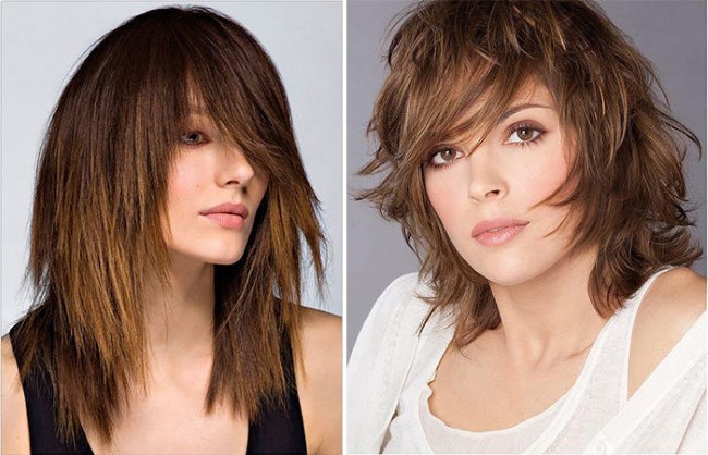 Corte de cabelo feminino para cabelo médio com franja. Foto de cortes de cabelo da moda para cabelos claros, escuros e ruivos