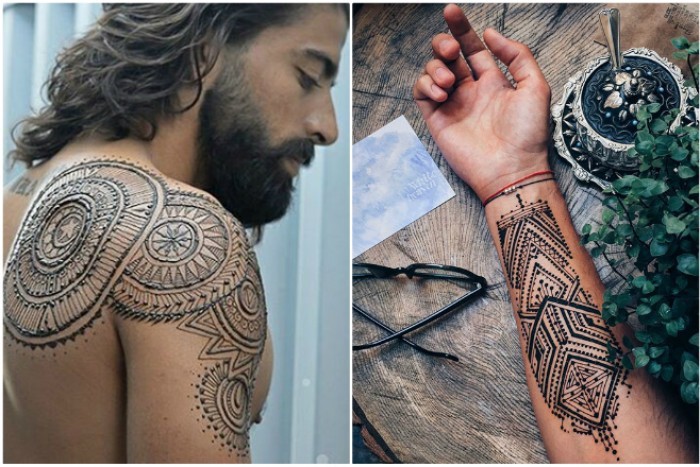 Desenhos à mão com henna, tatuagem mehendi para iniciantes, esboços leves, padrões. Uma foto