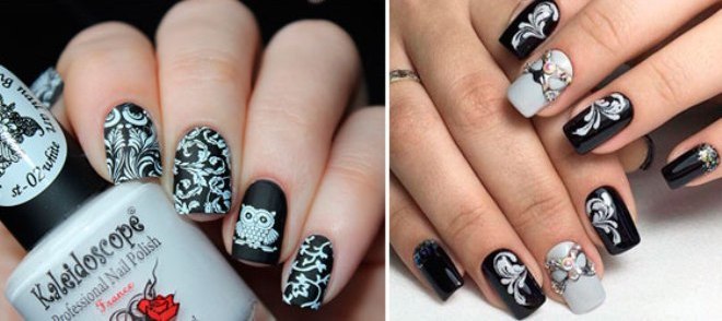 Desenho de unhas preto e branco. Foto, tendências da moda: jaqueta de serviço, ombre, pintada