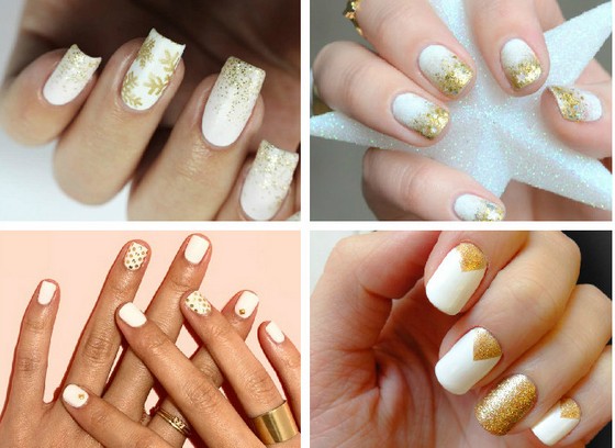 Manicure branca para unhas curtas. Novos itens e designs da moda com ouro, strass, padrões, gradientes, fitas, caldos