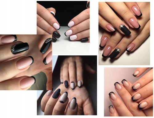 Manicure preta para unhas curtas. Foto, geometria de desenho, com strass, novos itens com brilhos, fricção, buracos