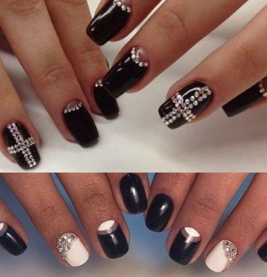 Manicure preta para unhas curtas. Foto, geometria de desenho, com strass, novos itens com brilhos, fricção, buracos