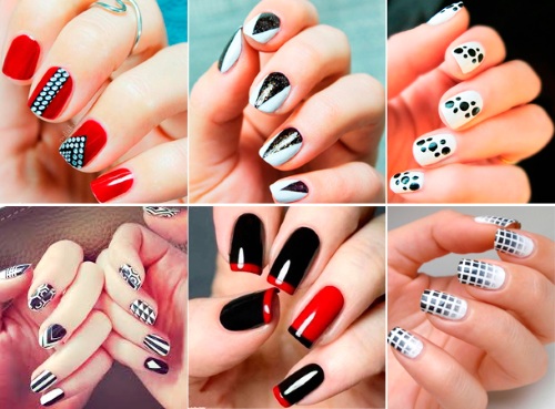 Manicure preta para unhas curtas. Foto, geometria de desenho, com strass, novos itens com brilhos, fricção, buracos