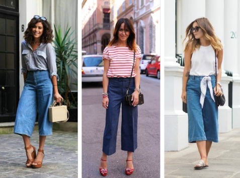 Calças culottes. Foto, com o que vestir para mulher cheia, com quais sapatos, que são calças jeans, pretas, azuis, vermelhas