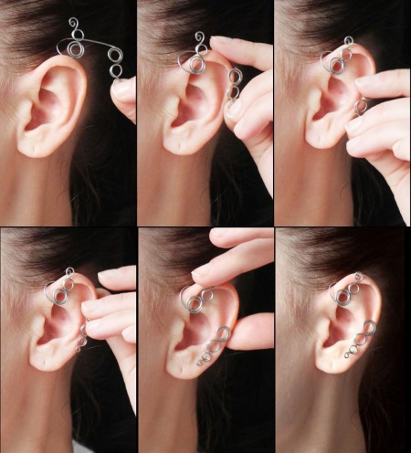 Manchettes d'oreille sur les oreilles d'or, d'argent, de fil. Comment porter des bijoux, comment faire des poignets de vos propres mains. Cours de maître