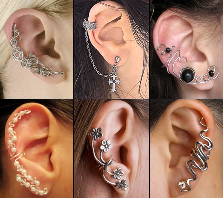 Manchettes d'oreille sur les oreilles d'or, d'argent, de fil. Comment porter des bijoux, comment faire des poignets de vos propres mains. Cours de maître