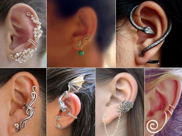 Manchettes d'oreille sur les oreilles d'or, d'argent, de fil. Comment porter des bijoux, comment faire des poignets de vos propres mains. Cours de maître