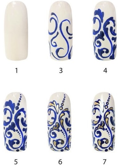 Desenho de unhas azul. Nova manicure 2024 francesa, fosca, escura, clara, com strass, esfregando, brilhos