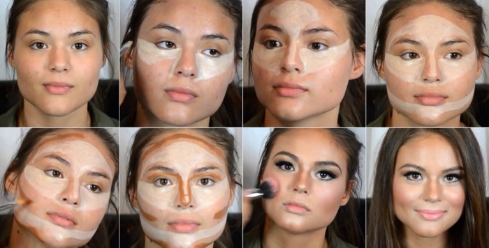 Escultura facial passo a passo com corretores secos, sombras. Como fazer maquiagem, diagrama, instruções de foto e vídeo