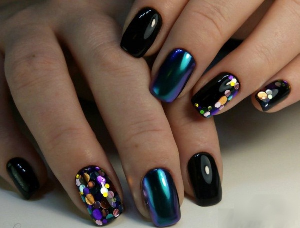 Manicure com verniz preto. Fotos, ideias de design com strass, brilhos, esfregando, com ouro, prata