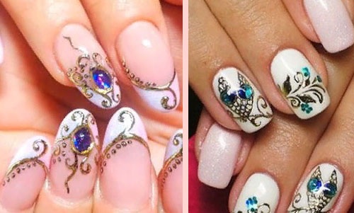 Belo design de unhas. Foto de novos itens com strass, jaqueta com ouro, manicure do casamento. Tendências da moda