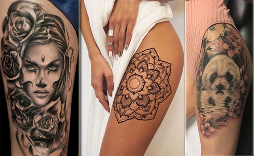 Tatuagens na coxa para meninas, foto. Lindos padrões, rendas, flores, esboços, inscrições com tradução