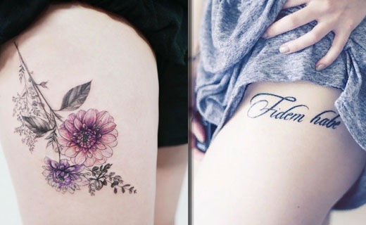 Tatuagens na coxa para meninas, foto. Lindos padrões, rendas, flores, esboços, inscrições com tradução