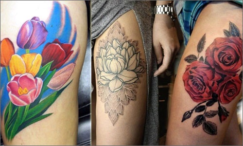 Tatuagens na coxa para meninas, foto. Lindos padrões, rendas, flores, esboços, inscrições com tradução