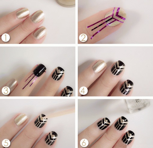 Noir avec un design d'ongle en or. Avec pierres, éparpillées, françaises, strass, argent, beige, nude