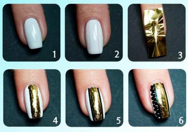 Noir avec un design d'ongle en or. Avec pierres, éparpillées, françaises, strass, argent, beige, nude