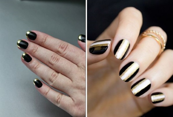 Preto com design de unhas de ouro. Com pedras, espalhadas, francesas, strass, prata, bege, nude