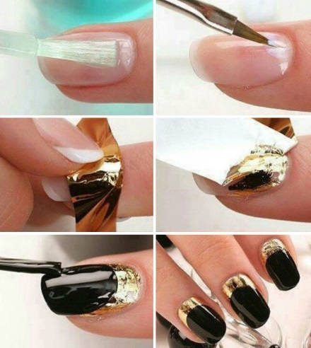 Preto com design de unhas de ouro. Com pedras, espalhadas, francesas, strass, prata, bege, nude