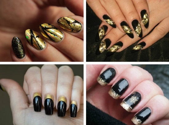 Preto com design de unhas de ouro. Com pedras, espalhadas, francesas, strass, prata, bege, nude