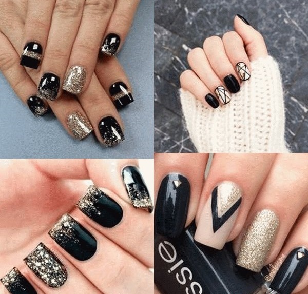 Noir avec un design d'ongle en or. Avec pierres, éparpillées, françaises, strass, argent, beige, nude