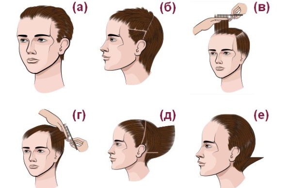 Corte de cabelo masculino canadense. A foto é clássica, esportiva, curta, alongada, com franja. O que isso parece. Técnica de execução por etapas, com máquina