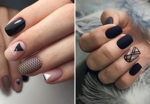 Manicure com um padrão geométrico. Foto para unhas curtas e compridas. Tendências da moda