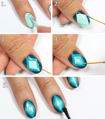 Manicure com um padrão geométrico. Foto para unhas curtas e compridas. Tendências da moda