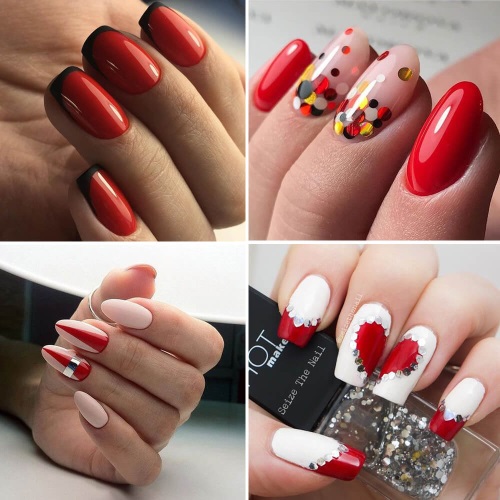 Manicure em tons de vermelho. Foto goma laca com strass, brilhos, polimento em gel. Tendências da moda