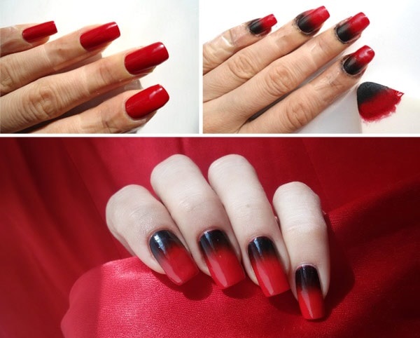 Manicure em tons de vermelho. Foto goma laca com strass, brilhos, polimento em gel. Tendências da moda