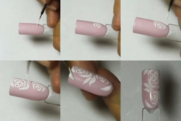 Manicure em tons de rosa. Foto goma laca com strass, padrões, brilhos, fricção. Melhores designs