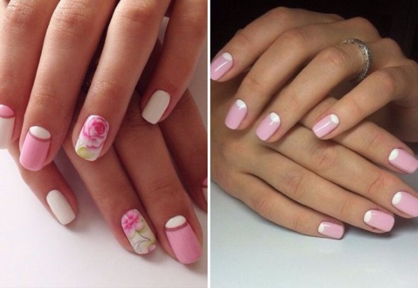 Manucure dans les tons roses. Photo shellac avec strass, motifs, paillettes, frottements. Meilleurs designs