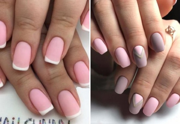 Manicure em tons de rosa. Foto goma laca com strass, padrões, brilhos, fricção. Melhores designs