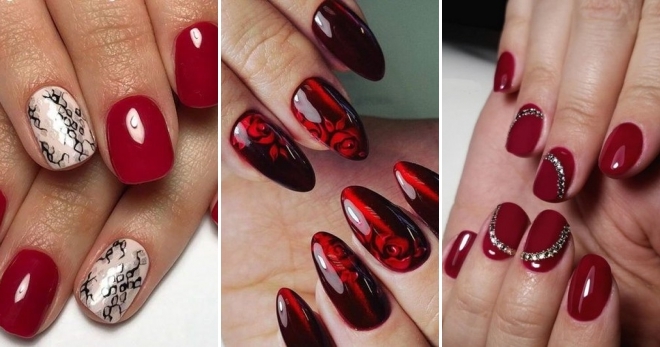 Manucure rouge pour les ongles courts. Photo, design 2024 avec strass, paillettes, frottement, français