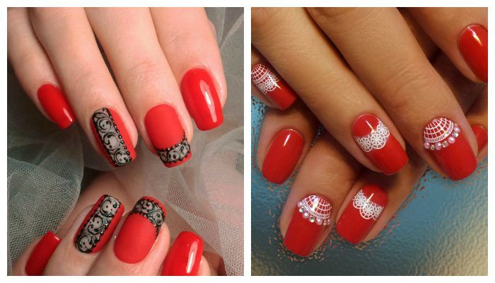 Manucure rouge pour les ongles courts. Photo, design 2024 avec strass, paillettes, frottement, français