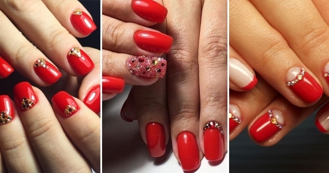 Manicure vermelha para unhas curtas. Foto, design 2024 com strass, brilhos, fricção, francês