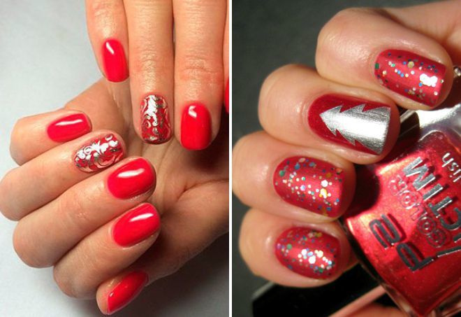 Manucure rouge pour les ongles courts. Photo, design 2024 avec strass, paillettes, frottement, français