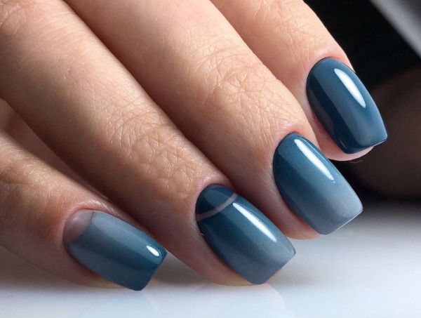 Manicure em tons de azul. Verniz para foto gel, gradiente, goma laca para unhas curtas e compridas. Design, técnicas