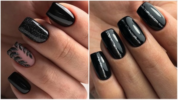 Conception d'ongles noirs. Photo avec strass, tresses, français pour ongles courts et longs