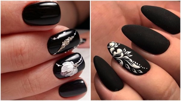 Conception d'ongles noirs. Photo avec strass, tresses, français pour ongles courts et longs