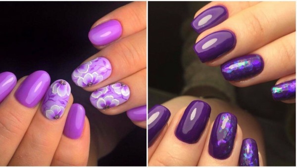 Desenho de unhas roxo. Foto com uma imagem, strass, brilhos, esfregando