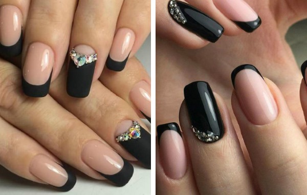 Manicure preta com strass. Desenho de fotos para curto, longo, esfregado, em um dedo