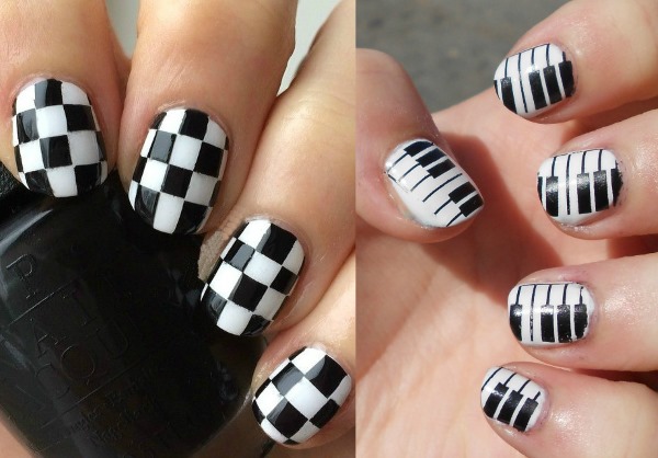 Conception d'ongles en noir et blanc. Photo de nouveaux articles avec strass, argent, veste de service, or, motif