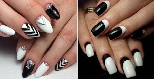 Desenho de unhas preto e branco. Foto de novos itens com strass, prata, jaqueta de serviço, ouro, padrão