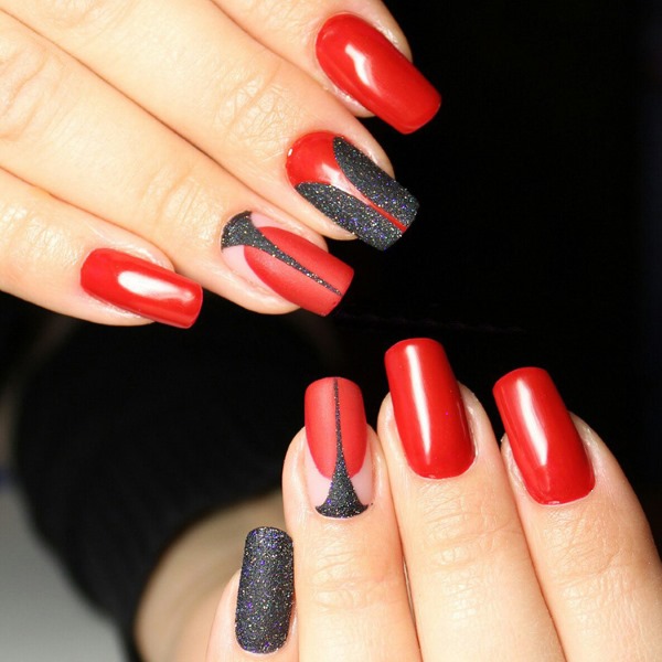 Manicure vermelho com preto. Foto, novos designs 2024, para unhas curtas e longas