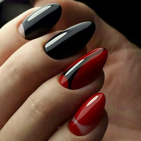 Manicure vermelho com preto. Foto, novos designs 2024, para unhas curtas e longas