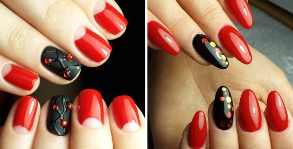 Manicure vermelho com preto. Foto, novos designs 2024, para unhas curtas e longas