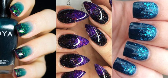 Manicure com glitter para unhas curtas. Verniz para fotos em gel, cores delicadas