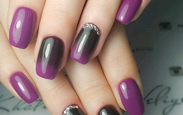 Manucure dans les tons violets pour ongles courts et longs avec vernis gel, shellac. Une photo