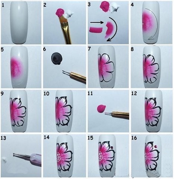 Dessin sur les ongles pour les débutants avec du vernis gel, des aquarelles, des peintures acryliques, des monogrammes. Schémas, instructions