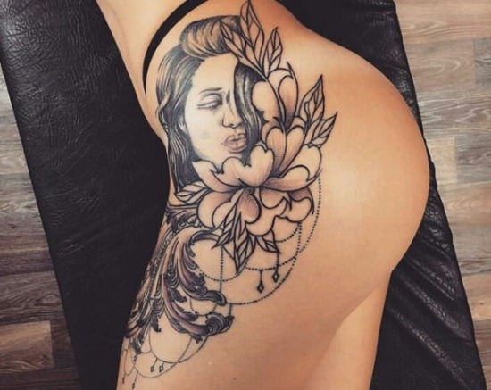 Tatuagens na coxa para meninas. Ideias, fotos, esboços, inscrições, laços, rendas